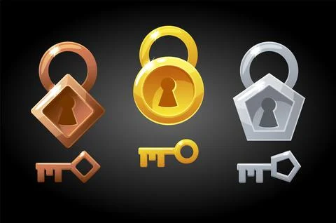 Vector set of gold, bronze and silver keys and locks. Stock Illustration
