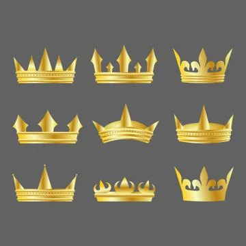 Vector set of gold crowns on dark grey background Stock Illustration
