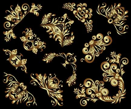 Vector set of gold decorative hand-drawn floral elements, filigree corners on 스톡 일러스트