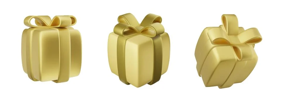 Vector set of gold gift boxes with gold ribbons. Realistic 3D giftbox, isolated Stock Illustration
