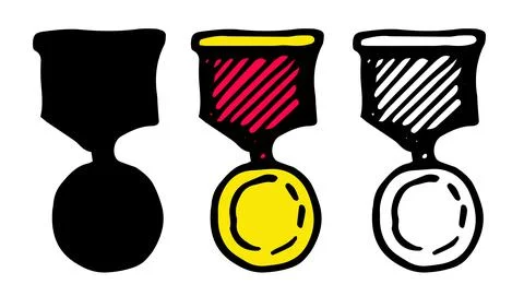 Vector set of gold medal with red ribbon. A hand-drawn doodle-style medal with a Stock Illustration