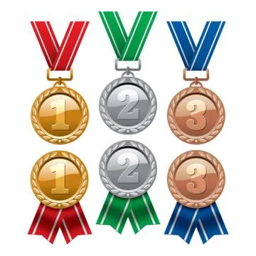 Vector set of gold, silver and bronze medals with red ribbons Stock Illustration