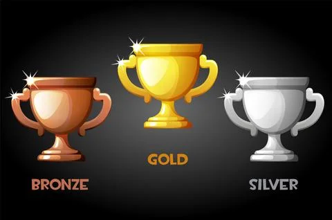 Vector set of gold, silver and bronze cups. Stock Illustration