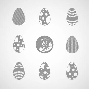 Vector set of gray Easter eggs icons with different patterns on the gradien.. Stock Illustration