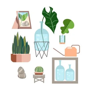 Vector set on green backdrop. Tropical jungle leaves background. Isolated symbol Stock Illustration