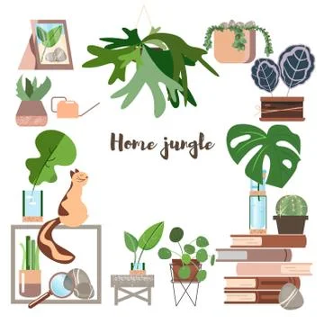 Vector set on green backdrop. Tropical jungle leaves background. Isolated symbol Stock Illustration