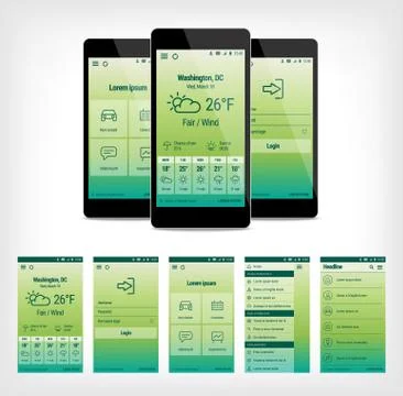 Vector set of green mobile user interface design. Stock Illustration