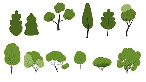 Vector set green trees cartoon flat style Nature icon collection, infographic Illustrazione stock