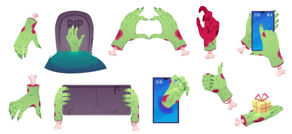 Vector set of green zombie hands in various positions, gestures, with phone 스톡 일러스트