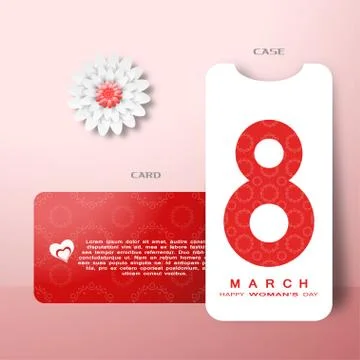 Vector set of greeting card for 8 of March with case and insert on the red an Stock Illustration