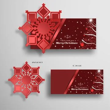 Vector set of greeting card for Merry Christmas with red snowflake and envelo Stock Illustration