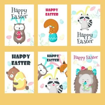 Vector set of greeting cards with Easter animals Stock Illustration