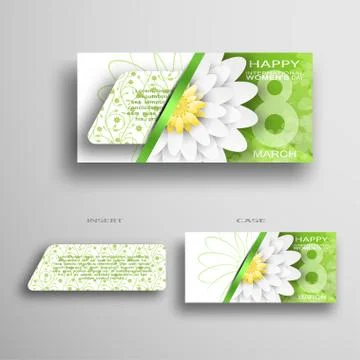 Vector set of greeting envelope and insert with green floral pattern for 8 of Stock Illustration