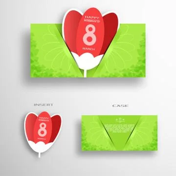 Vector set of greeting green envelope with insert in the form of red tulip fo Stock Illustration
