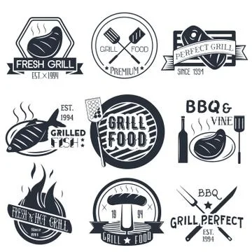 Vector set of grill and bbq labels in vintage style. Design elements, icons Stock Illustration
