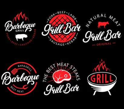 Vector set of grill bar and bbq labels in retro style. Vintage grill restaurant Illustrazione stock