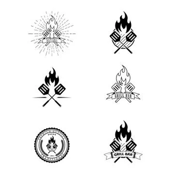 Vector set of grill bar and bbq labels. Vintage grill restaurant emblems. Food 스톡 일러스트
