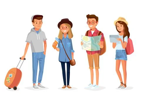 Vector set group of young students, tourists traveling people Stock Illustration