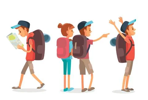 Vector set group of young tourist with backpack. Stock Illustration