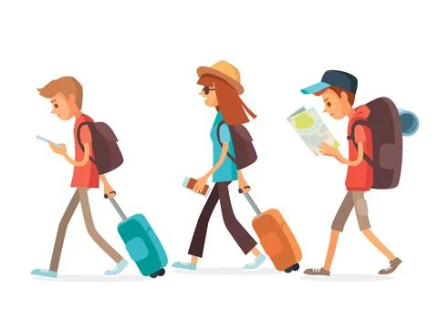 Vector set group of young tourists traveling people Stock Illustration