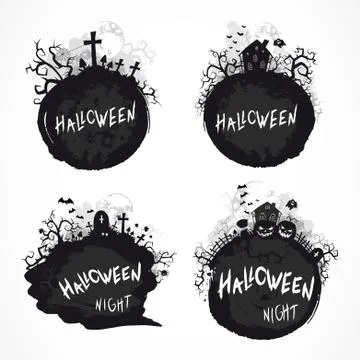 Vector set of grunge Halloween illustrations with graves and houses. 스톡 일러스트