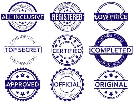 Vector set of grunge-style purple stamps with popular keywords for office and Stock-Illustration