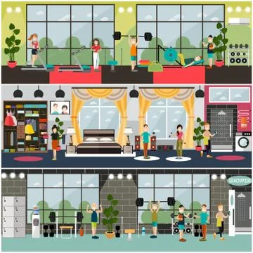 Vector set of gym flat posters, banners Stock Illustration