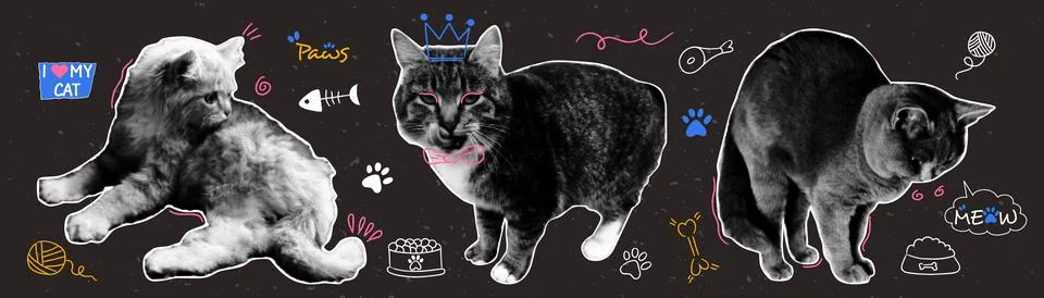 Vector set of halftone cats with naive doodle elements. Contemporary collag.. Illustrazione stock