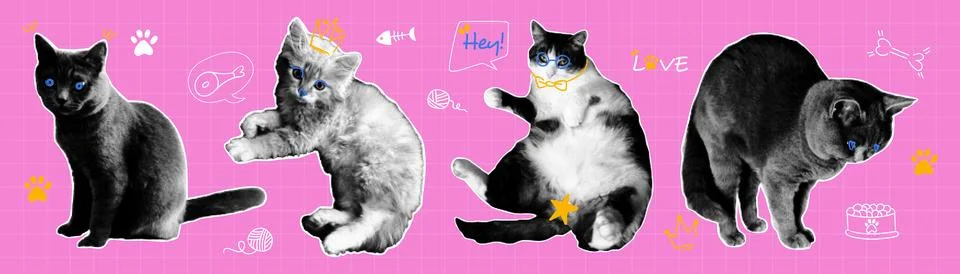 Vector set of halftone cats with naive doodle elements. Contemporary collag.. Stock Illustration