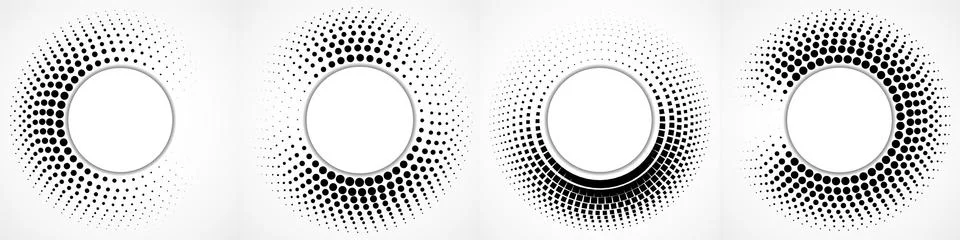 Vector set of halftone dotted background in circle form. Circle dots isolated on 库存插图