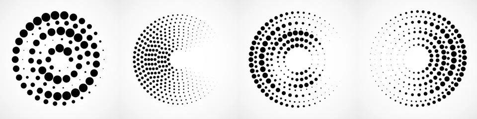 Vector set of halftone dotted background in circle form. Circle dots isolated on Illustrazione stock