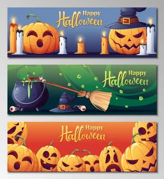 Vector set of Halloween banners and posters with pumpkin and candles, witches Stock Illustration