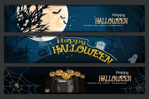 Vector set of Halloween bookmarks with silhouettes of trees, full moon, bats, Stock Illustration