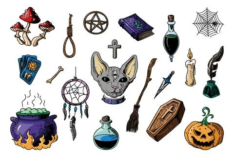 Vector set of halloween elements, magic elements. sketch drawings halloween Stock Illustration