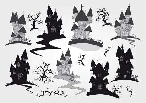 Vector set of Halloween objects and elements for design: castles and trees. Illustrazione stock