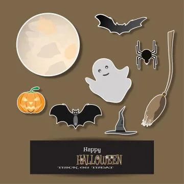 Vector set of Halloween objects cut from paper with shadow on the brown backg Stock Illustration