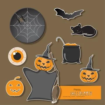 Vector set of Halloween objects cut from paper on the brown background with s Stock Illustration