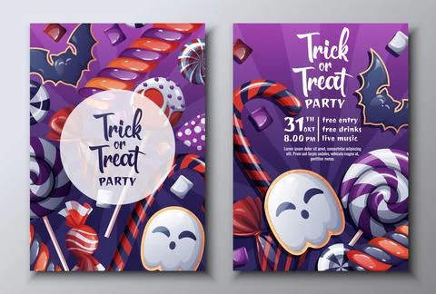 Vector set of Halloween party invitations or greeting cards with candies, lol Stock Illustration