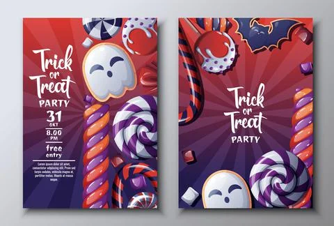 Vector set of Halloween party invitations or greeting cards with candies, lol Stock Illustration