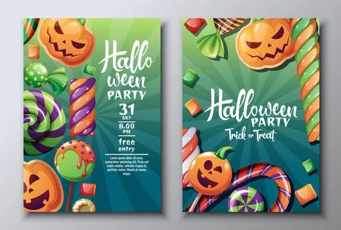 Vector set of Halloween party invitations or greeting cards with candy, pumpk Stock Illustration