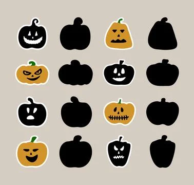 Vector set of Halloween pumpkin face stickers. Funny doodle illustrations f.. Stock Illustration