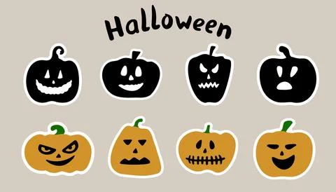 Vector set of Halloween pumpkin face stickers. Funny doodle illustrations f.. Stock Illustration