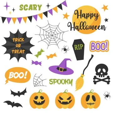 Vector set of Halloween with pumpkins, candy, bats and others. Stock Illustration
