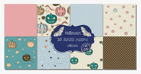 Vector set of Halloween seamless patterns with pumpkins. Hand drawn patterns for Stock Illustration