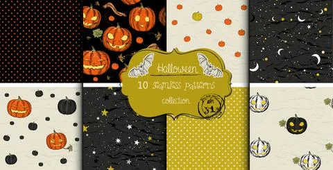 Vector set of Halloween seamless patterns with pumpkins. Hand drawn patterns for Stock Illustration