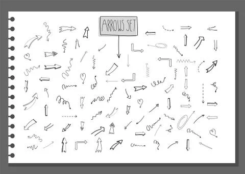 Vector set of hand draw various arrows in sketch doodle style isolated on whi Stock Illustration