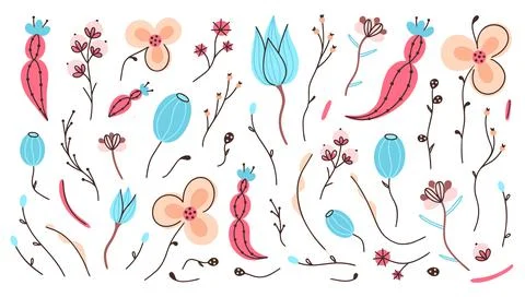 Vector set of hand drawn abstract flowers. Floral composition. Spots and stai Stock Illustration