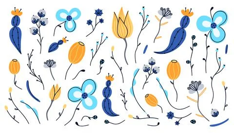 Vector set of hand drawn abstract flowers. Floral composition. Spots and stai Stock Illustration