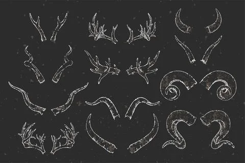 Vector set of hand drawn animals horns with grunge elements on dark backgroun Stock Illustration