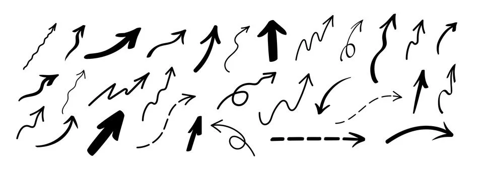 Vector set of hand drawn arrows and cursors Stock Illustration